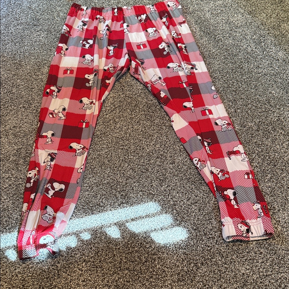 Red Plaid Snoopy Pajama Bottoms with Elastic Waist